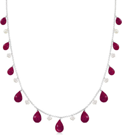 Gemstone and 4-5Mm Cultured Pearl Drop Necklace in Sterling Silver