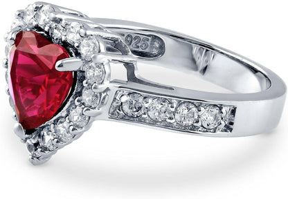 Sterling Silver Halo Wedding Engagement Rings Simulated Ruby Cubic Zirconia CZ Heart Cocktail Ring for Women, Rhodium Plated Size 4-10
