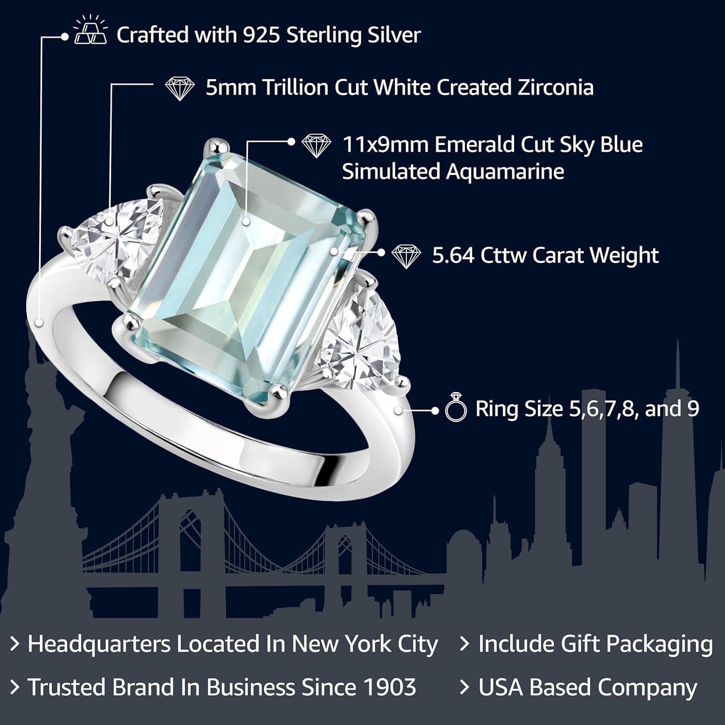 6.95 Cttw Sky Blue Simulated Aquamarine 3 Stone Engagement Ring for Women | 925 Sterling Silver | Emerald Cut 12X10MM | Trillion 5MM | Available in Size 5, 6, 7, 8, 9
