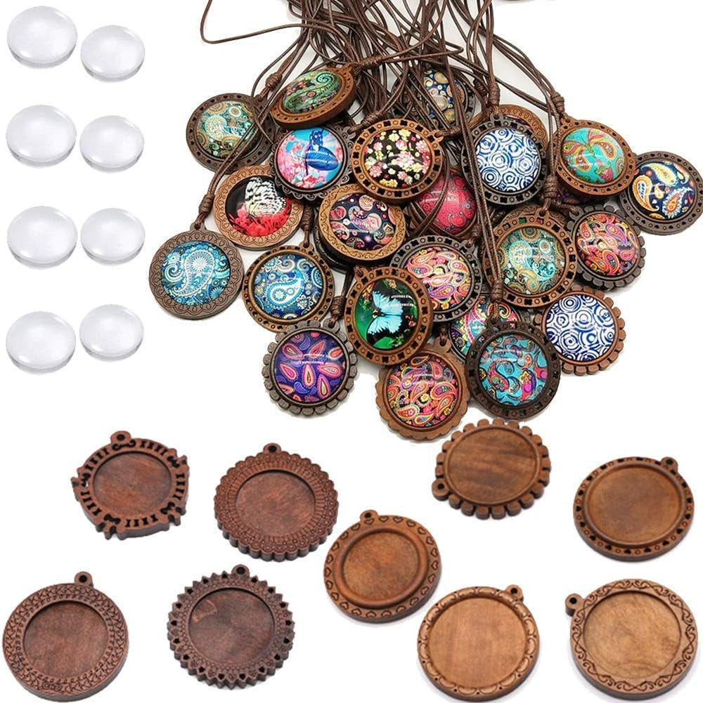Bezel Pendant Trays round Wooden and Glass Cabochon round Clear Dome for DIY Crafting Photo Jewelry Making
