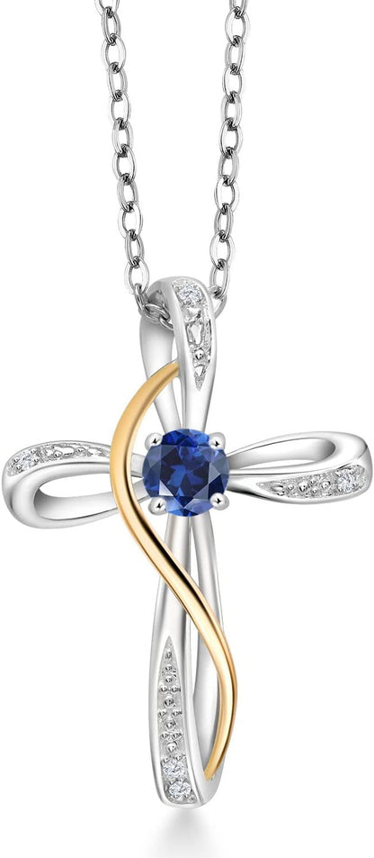 Infinity Cross Necklace for Women | 925 Sterling Silver and 10K Yellow Gold | Gemstone Birthstone and White Lab Grown Diamond Cross Faith Pendant Necklace | with 18 Inch Chain