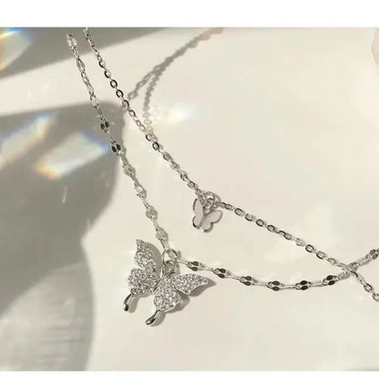 Delicate and Creative Women's Zircon Necklace Butterfly Necklace Double Layer Necklace Women's Geometric Necklace Butterfly Necklace Fashion Women's Jewelry Accessories Festival Wedding Engagement Valentine's Day Anniversary Gift Christmas Gift Jewelry