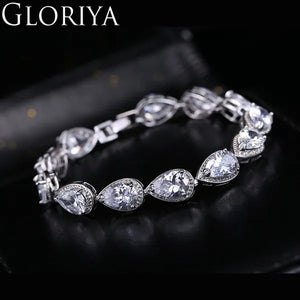 Gloriya Fashion Brand Dazzling Wedding Jewelry For Luxury Pear Cut CZ Zirconia Setting White Gold Plated Woman Party Bracelets Bangles（Size :18 cm + 3 cm）