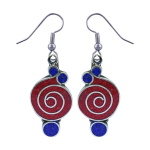Gorgeous Handmade Compressed Red Coral & Lapis Lazuli Gemstone Inlay Drop Dangle Earring for Women & Teens 925 Silver Plated Ethnic Gypsy Boho Fashion Designer Party Earring Jewelry
