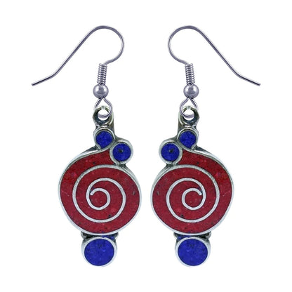 Gorgeous Handmade Compressed Red Coral & Lapis Lazuli Gemstone Inlay Drop Dangle Earring for Women & Teens 925 Silver Plated Ethnic Gypsy Boho Fashion Designer Party Earring Jewelry
