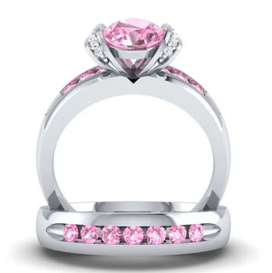 Natural Pink Sapphire & Diamond round Cut Engagement Wedding 18 K White Gold Filled Ring