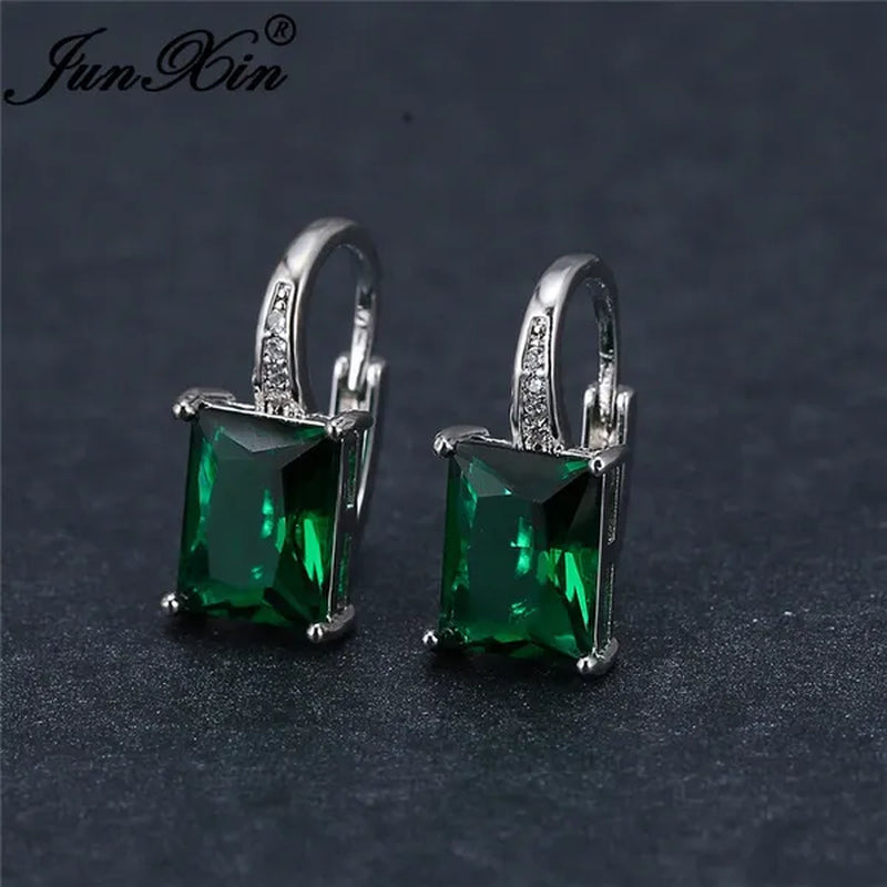 1Pair 925 Sterling Silver 14K White Gold Hoop Earrings New Fashion Rectangle Cut Green Emerald Diamond Earrings Drop Dangle Earrings Princess Gift