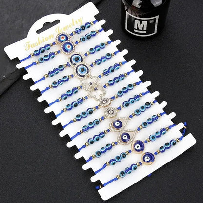 12 Pcs/Set Bohemian Handmade Braided Rope Charm Bracelets Rhinestone Blue round Beads Evil Eye Bracelet for Women Men Friendship Jewelry Gifts