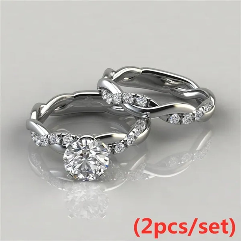 Women's Dainty  Twist Round Cut White Sapphire Ring Set Bridal Engagement Diamond Ring Wedding Band Anniversary Gift Banquet Party Jewelry Ring Size 5-11 - WORLD TIME VISITS