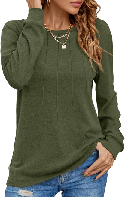 Women Long Sleeve Shirts Casual Tops Dressy Blouses Fashion Pleated Tunic