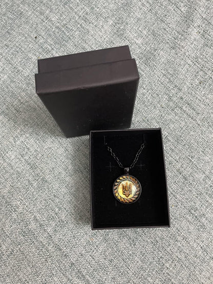 Tryzub Ukrainian Trident Pendant Necklace for Men Women,Ukraine Flag Symbol Logo Necklace Mens Womens  Jewelry Necklace Gift Black Plated Link Chain Glass Cabochon Spiritual Necklace 20'' Chain+2'' Extender (Gift Packaging)