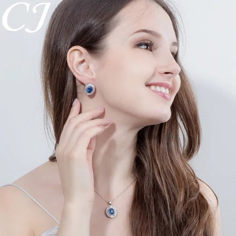 CANDICE Classic round Blue CZ Stone Party Jewelry Sets for Women Elegant Blue Cubic Zirconia Stud Earrings and Necklace 2 Piece Set