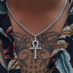 Cool Men Yellow Gold Iced Out Cz Diamond Jewelry Ankh Cross Pendant Tennis Chain Hip Hop Necklace