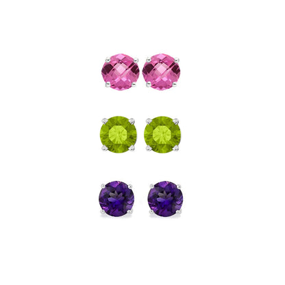 18K White Gold 1Ct Created Pink Sapphire, Peridot and Amethyst 3 Pair round Stud Earrings Plated