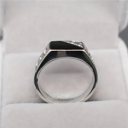Fashion Male Jewelry Classic Gold Color White Sapphire Diamond CZ Wedding Ring Black Enamel Agate Rings For Men Christmas Party Gift Size 7 8 9 10 11 12