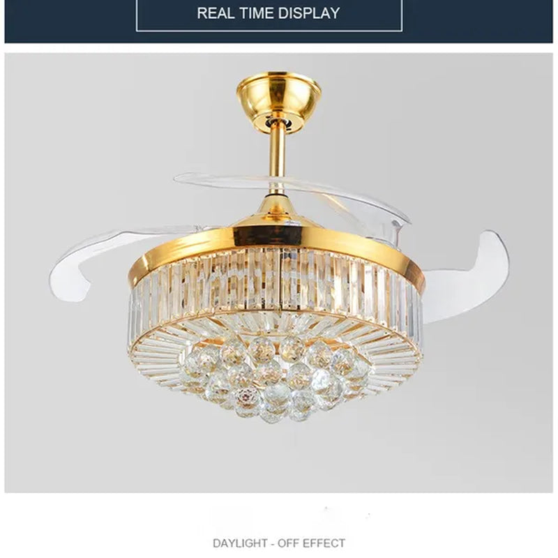 42 Inches Ceiling Fan Light Remote Control LED Pendant Light Crystal Dimmable Metal Luxury Invisible Ceiling Chandelier Lighting