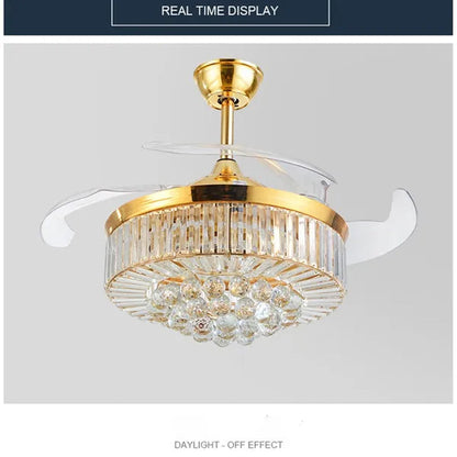42 Inches Ceiling Fan Light Remote Control LED Pendant Light Crystal Dimmable Metal Luxury Invisible Ceiling Chandelier Lighting