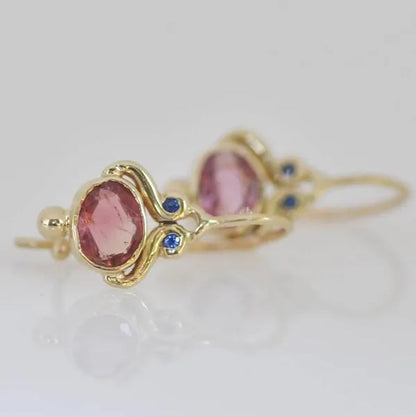 Unique   Blue Sapphire Oval Pink Tourmaline Gemstone Dangle Hook Earrings Women Jewelry Gifts