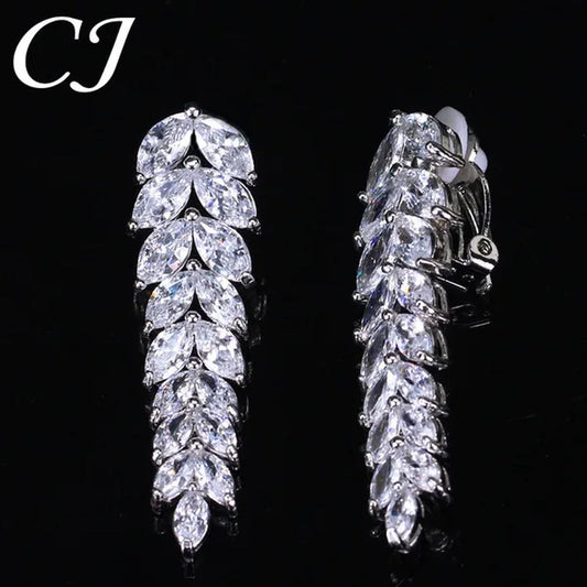 CANDICE New Paved Clear Marquise CZ Zirconia No Pierced Hole Clip on Earrings Stylish Long Leaf Eardrop Banquet Party Jewelry for Ladies