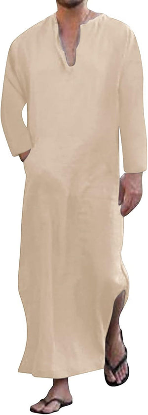 Men'S Kaftan Thobe Long Sleeve Men Thobe Robe Side Split Men Thobe with Pockets Casual Thobe