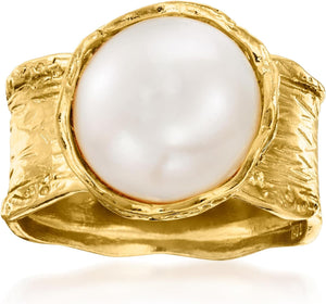 11.5-12Mm Cultured Button Pearl Ring in 18Kt Gold over Sterling