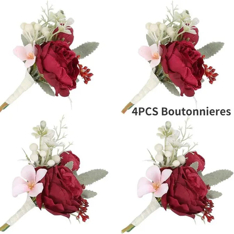 4Pcs Peony Wrist Corsages Bride Wristlet Band Bracelet Men Boutonnieres Set for Wedding Flowers Mother of Bride and Groom, Party Prom Flowers