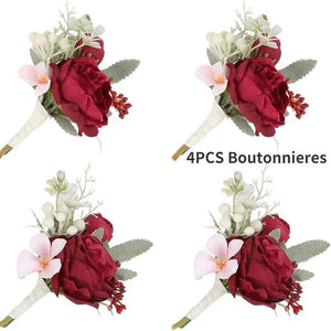 4Pcs Peony Wrist Corsages Bride Wristlet Band Bracelet Men Boutonnieres Set for Wedding Flowers Mother of Bride and Groom, Party Prom Flowers