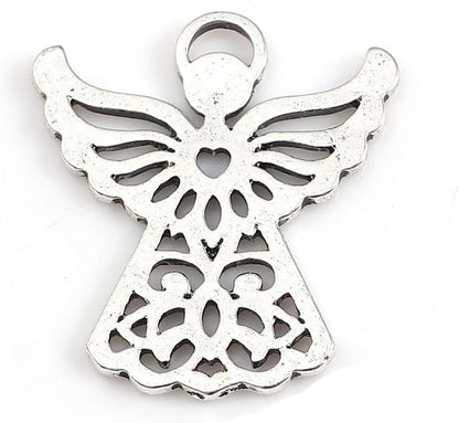 Angel Charm Pendants - 20 Pack of Silver Tone Religious DIY Jewelry Making Supplies (Heart Center)