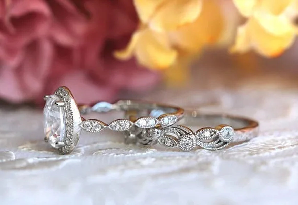2pcs Simple Silver Color Ring Floral Engraved White Zirconia Women's Ring Wedding Anniversary Christmas Gift Beach Party Jewelry