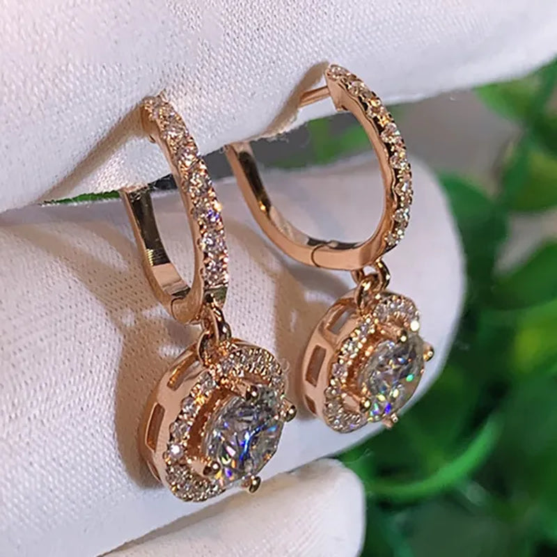 Luxury Elegant Exquisite Rose Gold Diamond Dangle Drop Earrings for Women Engagement Bridal Wedding Earrings Party Jewelry