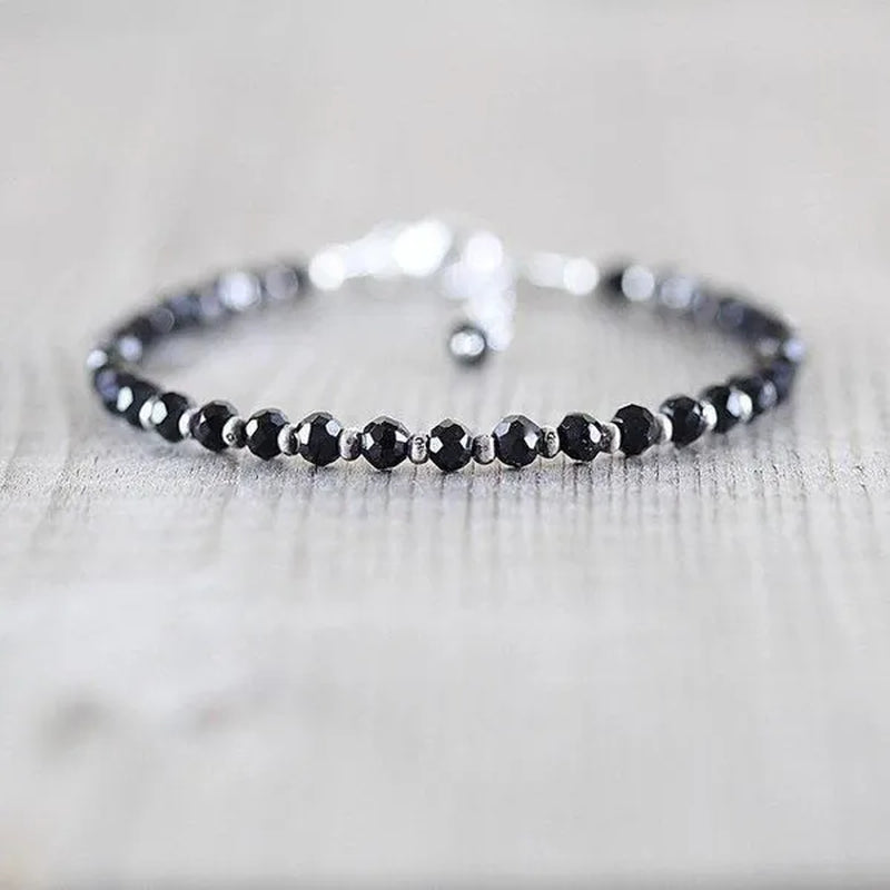 Black Spinel, Sterling & Karen Hill Tribe Silver Bracelet Boho Beaded Gemstone Bracelet Dainty Stacking Bracelet - WORLD TIME VISITS