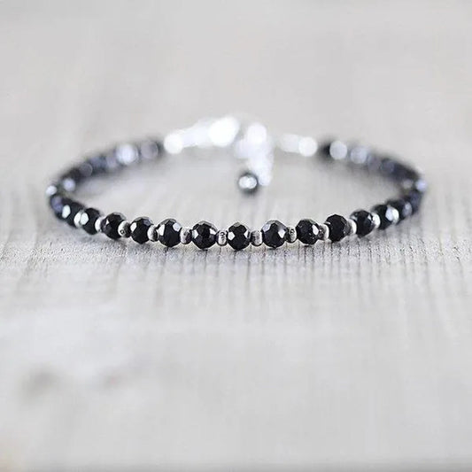 Black Spinel, Sterling & Karen Hill Tribe Silver Bracelet Boho Beaded Gemstone Bracelet Dainty Stacking Bracelet - WORLD TIME VISITS