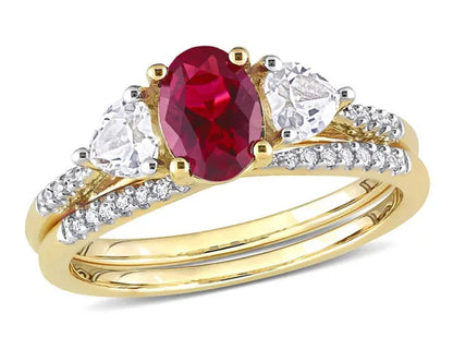 1.90 Carat (Ctw) Lab-Created Ruby and White Sapphire Bridal Engagement Wedding Ring Set 10K Yellow Gold