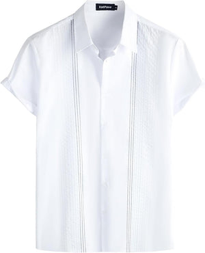 Mens Hawaiian Cotton Linen Shirts Casual Short Sleeve Button down Shirts Summer Beach Embroidered Shirts
