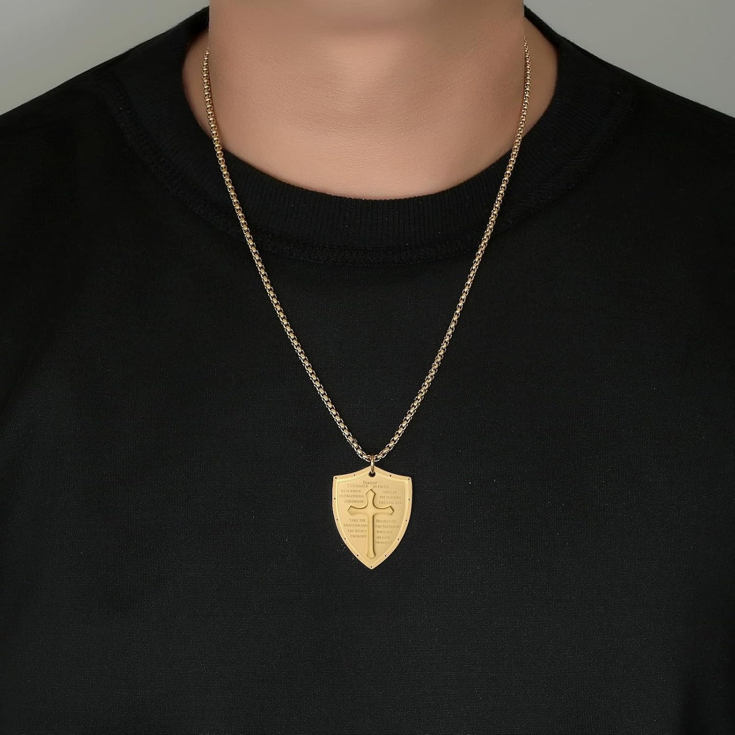 Armor of God Cross Pendant Necklace, Shield of Faith, Ephesians 6:16-17, Religious Amulet, Knights Templar Crusader, Stainless Steel 24" Chain