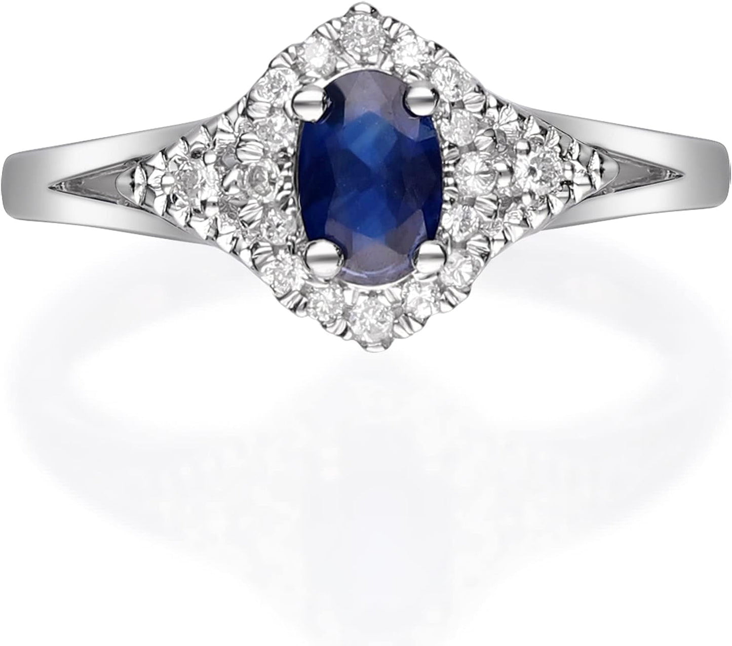 10K White Gold Genuine Blue Sapphire Ring with Diamonds for Women | Ethically, Authentically & Organically Sourced (Oval-Cut) Shaped Sapphire Hand-Crafted Jewelry for Her | Sapphire Ring for Women