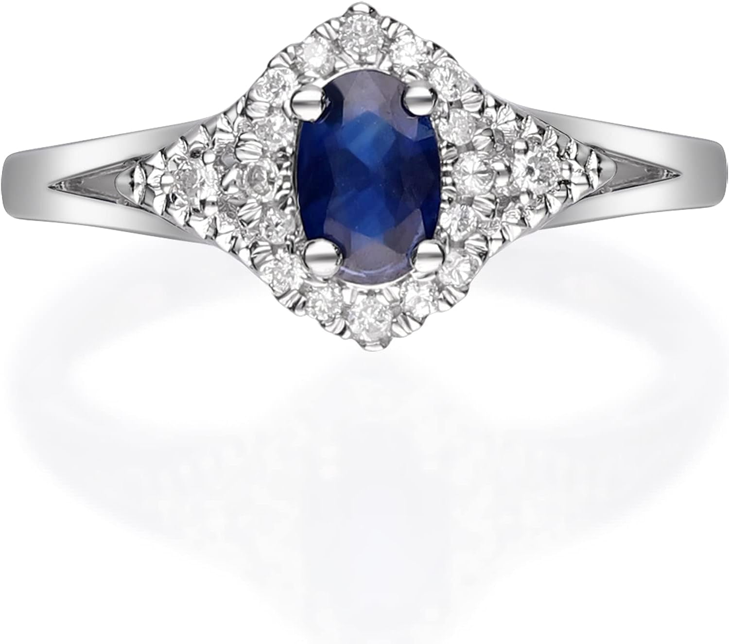 10K White Gold Genuine Blue Sapphire Ring with Diamonds for Women | Ethically, Authentically & Organically Sourced (Oval-Cut) Shaped Sapphire Hand-Crafted Jewelry for Her | Sapphire Ring for Women
