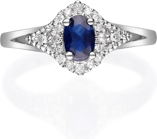 10K White Gold Genuine Blue Sapphire Ring with Diamonds for Women | Ethically, Authentically & Organically Sourced (Oval-Cut) Shaped Sapphire Hand-Crafted Jewelry for Her | Sapphire Ring for Women