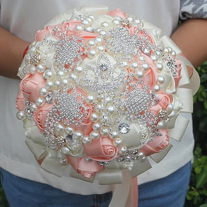 Customizable Charming Wedding Bouquets Diamond Brooch Bride Holding Flowers Cream Rose Ribbon Wedding Decoration Bridesmiad Bouquet