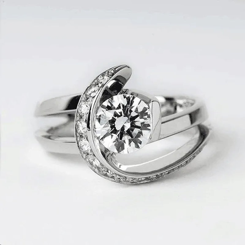 Elegant Exquisite Women'S Fashion Jewelry Crescent Ring 925 Sterling Silver White Sapphire Diamond Ring European and American Fashion Star Moon Temperament Bride Engagement Wedding Ring Anniversary Gift Diamond Jewelry Size US5-11