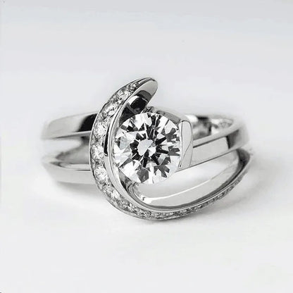 Elegant Exquisite Women'S Fashion Jewelry Crescent Ring 925 Sterling Silver White Sapphire Diamond Ring European and American Fashion Star Moon Temperament Bride Engagement Wedding Ring Anniversary Gift Diamond Jewelry Size US5-11
