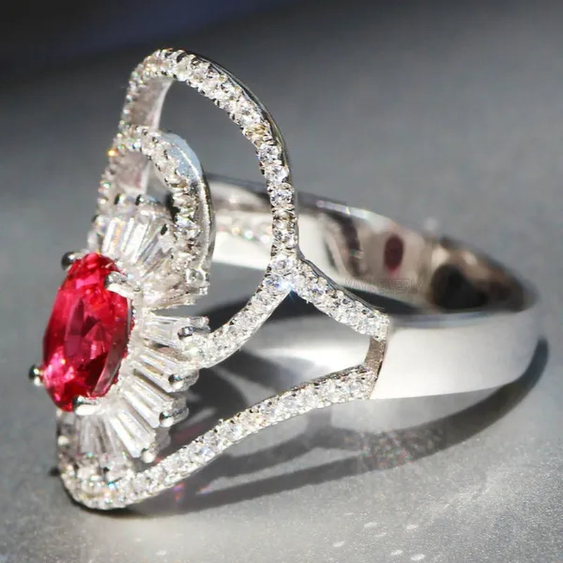 Gorgeous  Silver Natural Gemstones Ruby Wedding Birthstone Bride Engagement Multilevel Oval Leaf Ring Jewelry Size 6 7 8 9 10