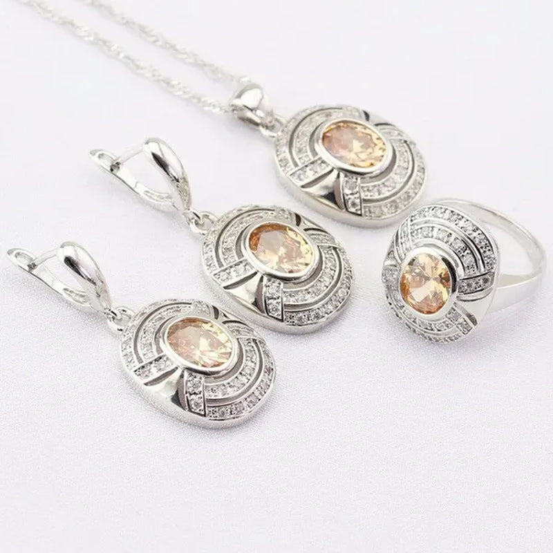 Blue Zircon White Zircon Silver Jewelry Sets for Women  Silver  Necklace and Pendant Rings Drop Earrings