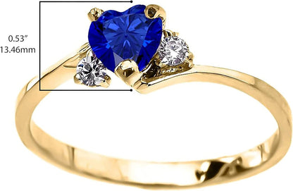 10K Yellow Gold Heart Cut Lab Grown Blue Sapphire & White Cubic Zirconia Three Stone Bypass Band September Birthstone Engagement Ring