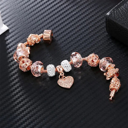 Rose Gold Heart-Shaped Charm Bracelets Fashion Jewelry Beaded Bracelet Birthday Christmas Gifts For Girl Women