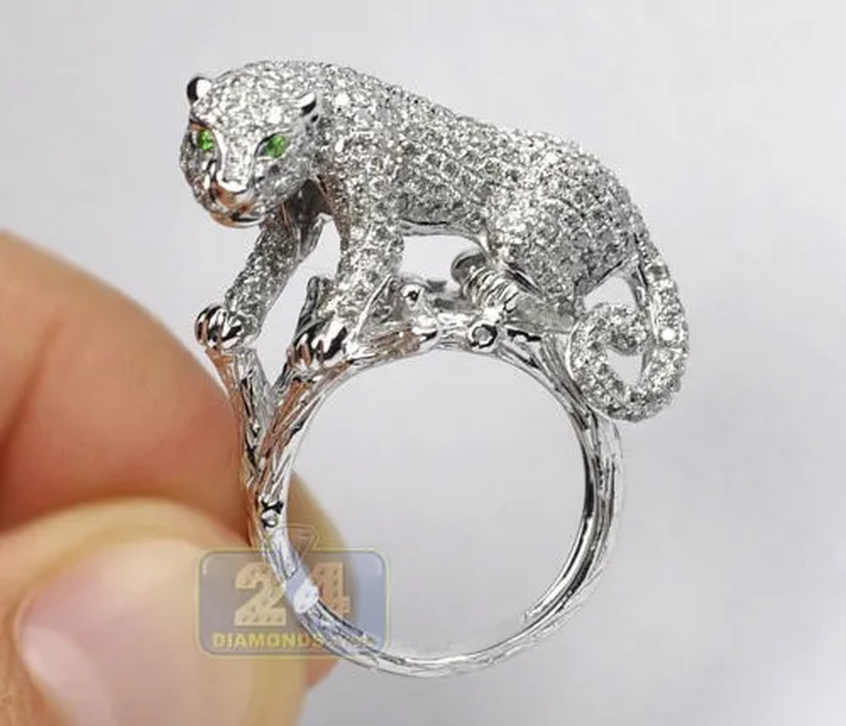 925 Sterling Silver Natural Gemstone Ring White Sapphire Diamond Pave Panther Cat Men Womens Ring Brand Jewelry