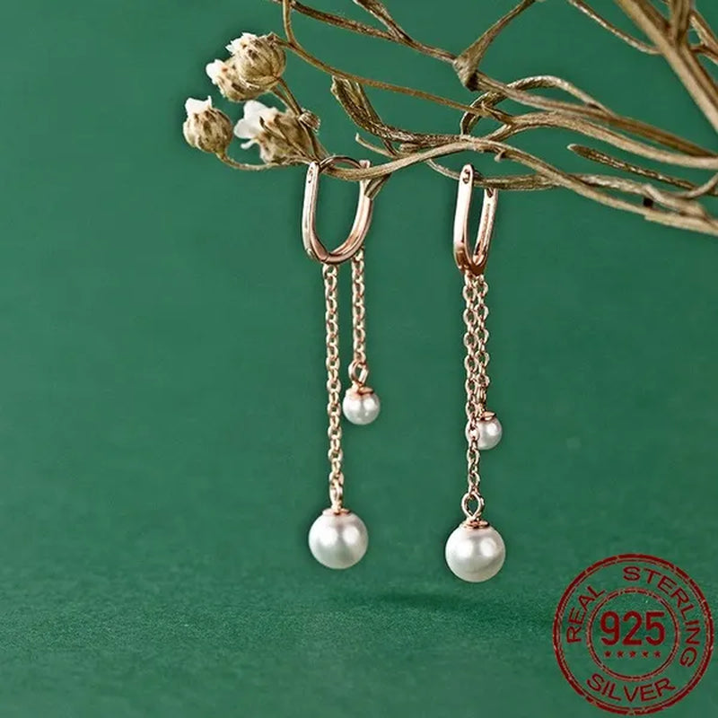 925 Sterling Silver Pearl Ear Buckle Earrings Fashion Rose Gold Plated Chain Tassel Earrings for Women Jewelry