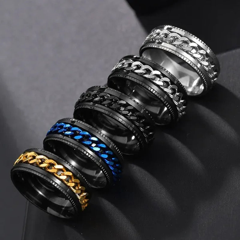 Fashion Punk Stainless Steel 8mm Rings for Men Chain Rings Biker Grooved Edge, Size 6-12 - WORLD TIME VISITS