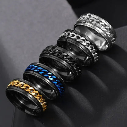 Fashion Punk Stainless Steel 8mm Rings for Men Chain Rings Biker Grooved Edge, Size 6-12 - WORLD TIME VISITS
