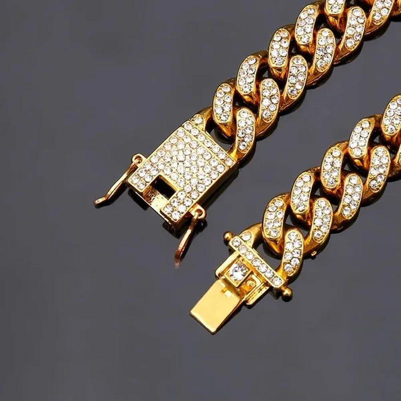 13MM  24K Gold/925 Silver Iced Out BlingBling Diamond Cuban Link Chain Miami Choker Necklace Bracelet Jewelry Set for Fashion Men and Women Hip Hop Jewelry